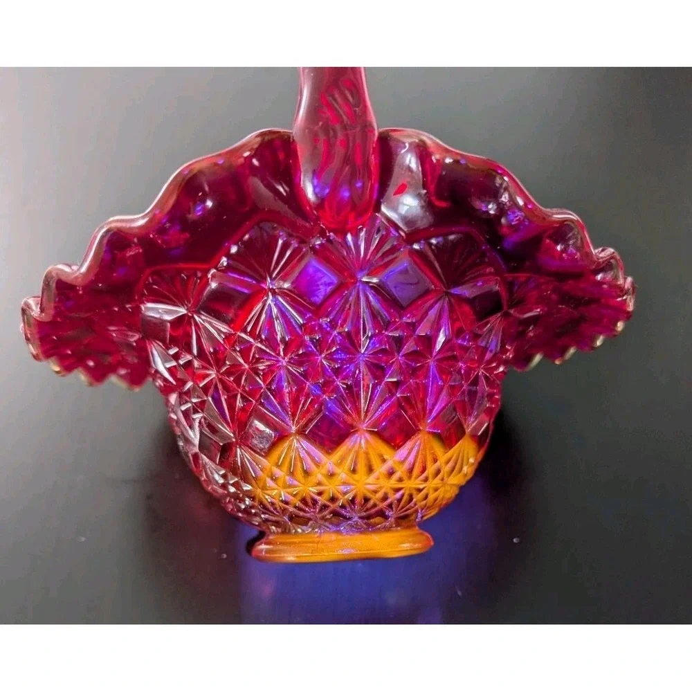 Vintage FENTON AMBERINA‎ RED RUFFLED DIAMOND BASKET